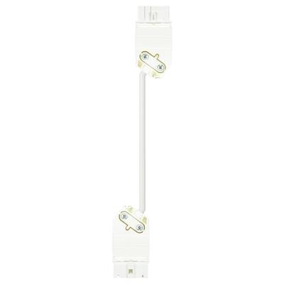 Flexible Joint Connector for Rail System: Two white ends with pivot joint, connected by a short cable. Mounting holes with screws.