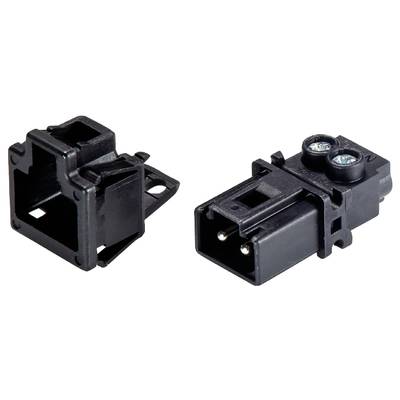 A black electrical connector with a rectangular and a plug-shaped part that fit together. Mainly made of black plastic.