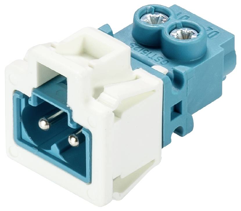 Two-pole electrical connector in white and blue with screw terminals, suitable for direct current circuits.
