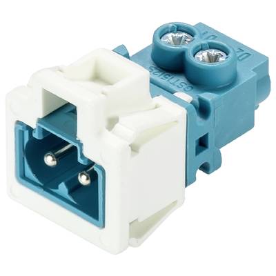 Two-pole electrical connector in white and blue with screw terminals, suitable for direct current circuits.