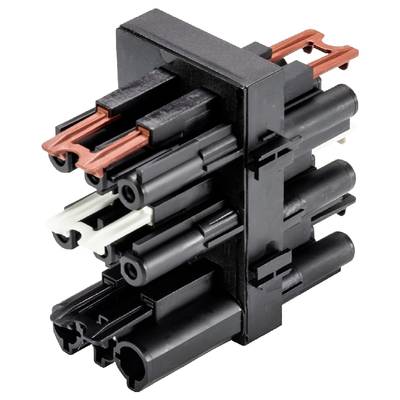 Multi-pole connector in a black housing with red and white elements, suitable for electromechanical connections.