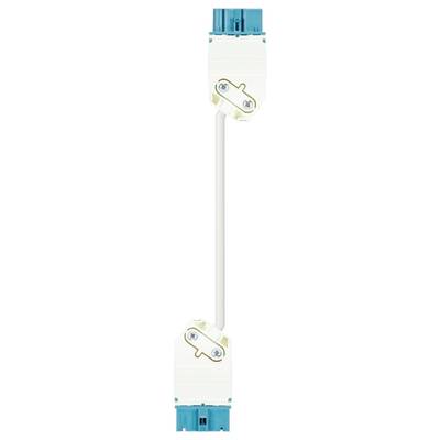 Connection piece for electrical circuit boards, consisting of two white connectors with blue ends, connected by a white cable.
