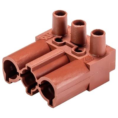Red electrical system plug with three round connectors and complex housing structure, used for connecting electronic components.