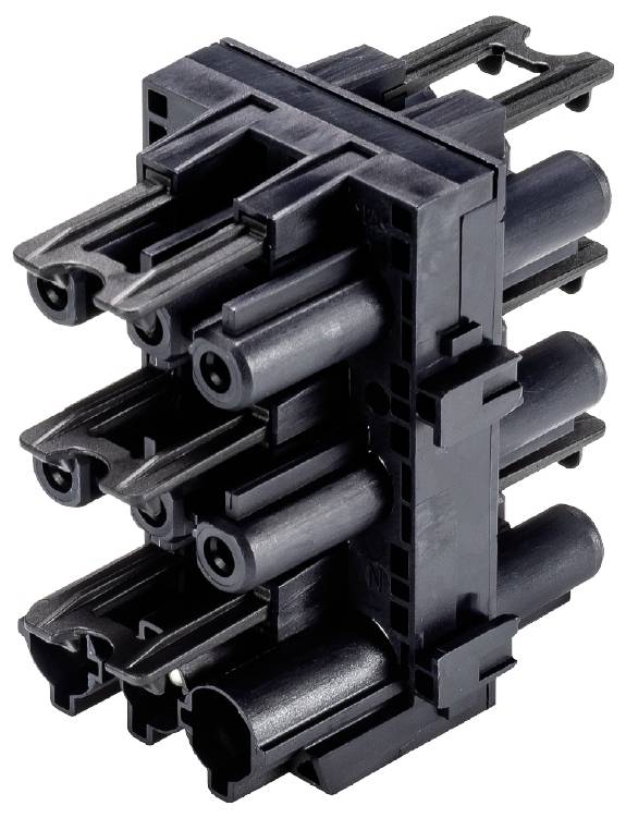 A black connector with six terminals arranged in three rows. It is suitable for electrical connections.