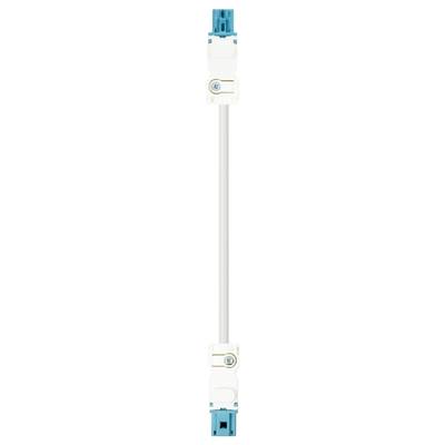 A white electric cable with blue plugs at both ends.