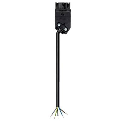 A black cable connector with five protruding copper wires in different colours.