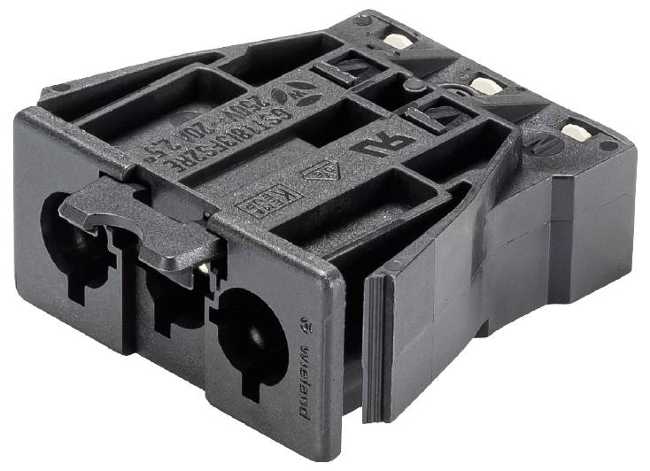 A black electric adapter or plug with two sockets and distinctive terminals for connecting electrical wires.