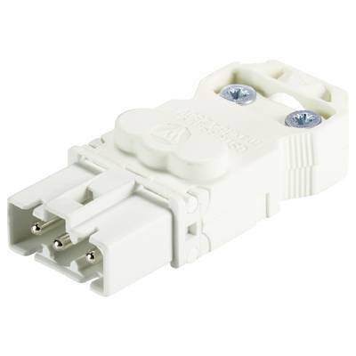 A white electrical plug connector with a three-pin connection and two visible screws for fastening.