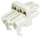A white plastic plug with multiple slots and two interlocking parts designed for connecting electrical cables.