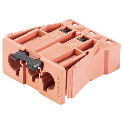 A red electrical connector with two sockets and black levers, marked with 'Wieland'. Used for connecting cables.