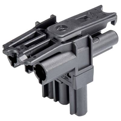 A black plastic plug with multiple pins, designed for technical applications and electrical connections.