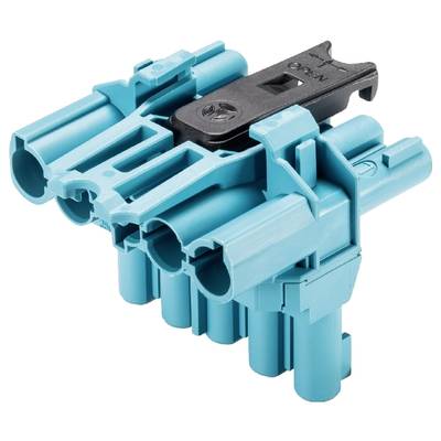 A blue electrical connector with four slots and a black locking mechanism.