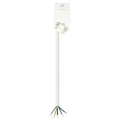 White ceiling light with cable connection. The lamp has a round housing head and multiple protruding cable ends in different colours.