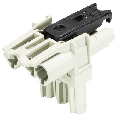 A black and cream plastic plug with multiple connection points for electrical connections.