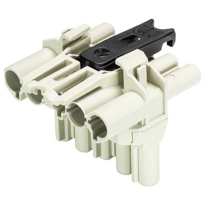Plastic multi-tube connector with a black plastic snap fastener, for electrical connection.