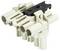 Plastic multi-tube connector with a black plastic snap fastener, for electrical connection.