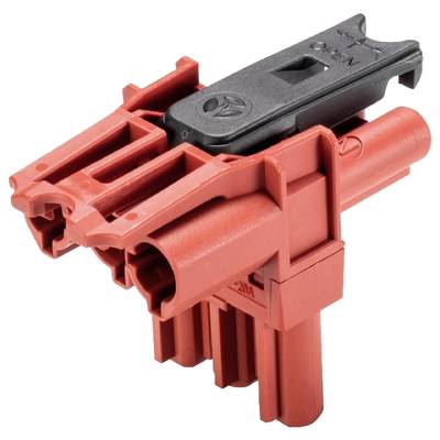 Red plastic plug with black lever mechanism, typically used in electronic connections to secure cables.