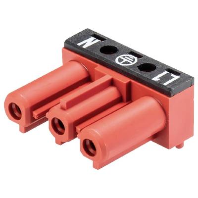 Red three-pin electrical connector with a black connection area labelled 'N' and 'L'. Used for electrical connection.