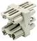 Plastic connector in grey with multiple socket positions and circular terminals. Used for modular electrical connections.