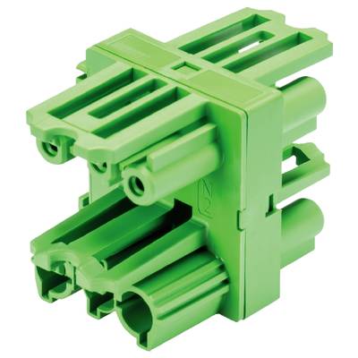 Green plastic multi-slotted connector with multiple openings, suitable for electrical connections or technical applications.