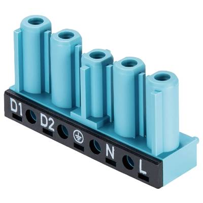A blue electrical connector with labels 'D1', 'D2', 'N', 'L', and earthing symbol on the black base.