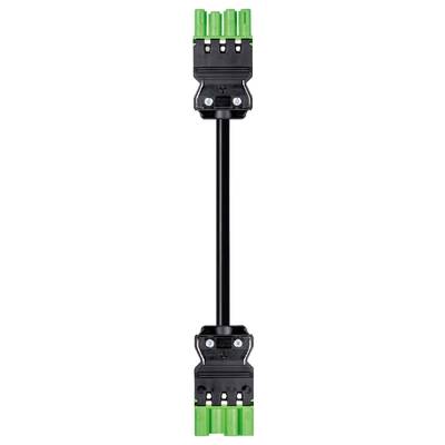 A black, rectangular electrical component with green ends and a cable connection in the middle.