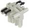 A white connector with multiple round and rectangular openings, suitable for electrical connections in technical equipment.