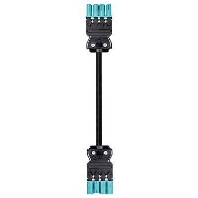 Black cable connector with blue plugs at both ends, connected by a black cable section.