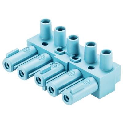 Blue plastic connector with five slots in a row, for use in technical or electronic applications.