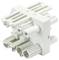 A white, complexly shaped plastic plug with multiple sockets and connections, suitable for electrical installations or wiring.