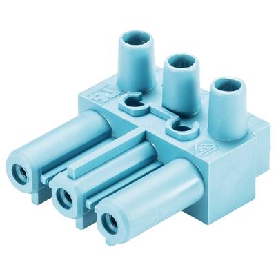 A blue LEGO Technic connector with three pins and three axle mountings, enabling various construction connections.