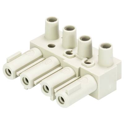 White plastic connector block with five round, vertical openings for connections, suitable for electrical wiring.