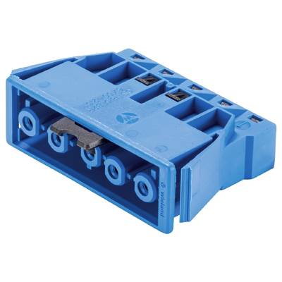 Blue electrical connector with multiple connection openings, showing technical details and connection options.