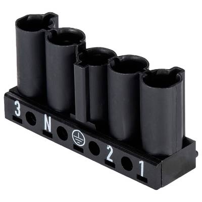 Black plastic cable clamp for three electrical cables, numbered with '3', 'N', '1', and connected by metal screw holes.