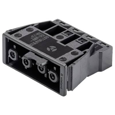 A black connector block with multiple port connections and labelling on the top surface containing technical specifications.