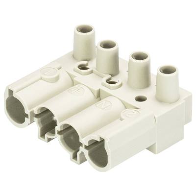 Three-pin electrical connector in white, with three sockets on the top surface for power transmission in devices.