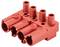 Red electrical connection plug with five holes and three marked cable connection slots.