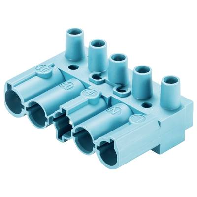 A blue electric plug with three terminals and six small wires. It is used in electrical connections.