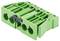 Green electrical connector with three holes for cable connections, suitable for use in electrical circuits.