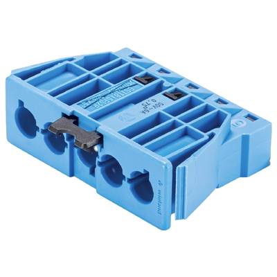A blue electrical terminal block with multiple connection options, side release mechanism, and marked specifications.