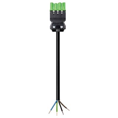 'An electrical cable connection with four coloured wires: green, blue, brown and black, exposed at the bottom, connected at the top.'