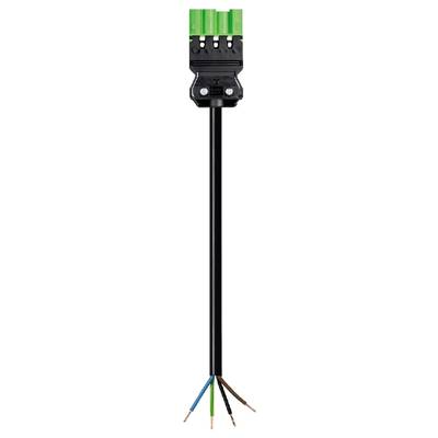 A black power cable connects several wires with green connectors, whose ends are copper-coloured.