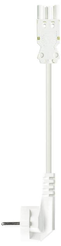 White power cable with a right-angled European plug and a rectangular plug at the other end, suitable for household appliances.