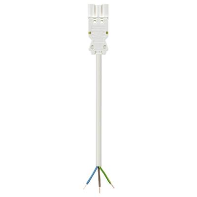 White, round cable with three exposed, coloured wires at one end and a white plug at the other end.