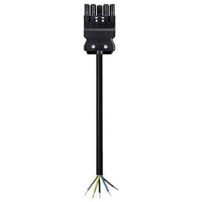 Close-up of a black cable with various coloured wires protruding at the bottom, suitable for technical installations.