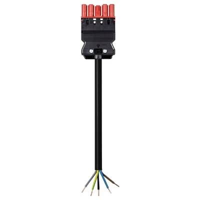 An electrical plug with five red-marked terminals at the top and five colour-coded, stripped wires at the bottom: blue, brown, yellow-green, grey and black.