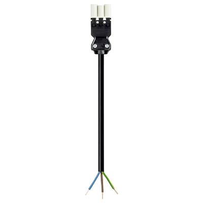 'Terminal block with three stripped cables in black, blue, and green-yellow. Upper part of the terminal block is white.'