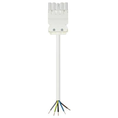 'A white electrical cable connector with an open end shows six coloured insulated wires: Red, Black, Blue, Yellow-Green, Brown and Grey.'