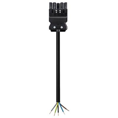 A black cable connector with five openings at the top, to which five coloured wires (blue, brown, green-yellow, black, grey) are attached.