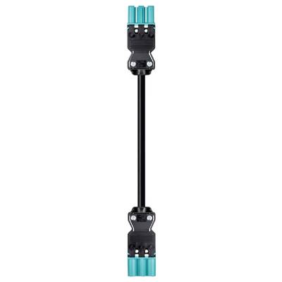 A black and turquoise fitness device, similar to an expander, with handles at both ends for strengthening upper body muscles.
